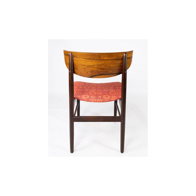 4 vintage dining room chairs in rosewood and upholstered with red fabric, Denmark 1960s