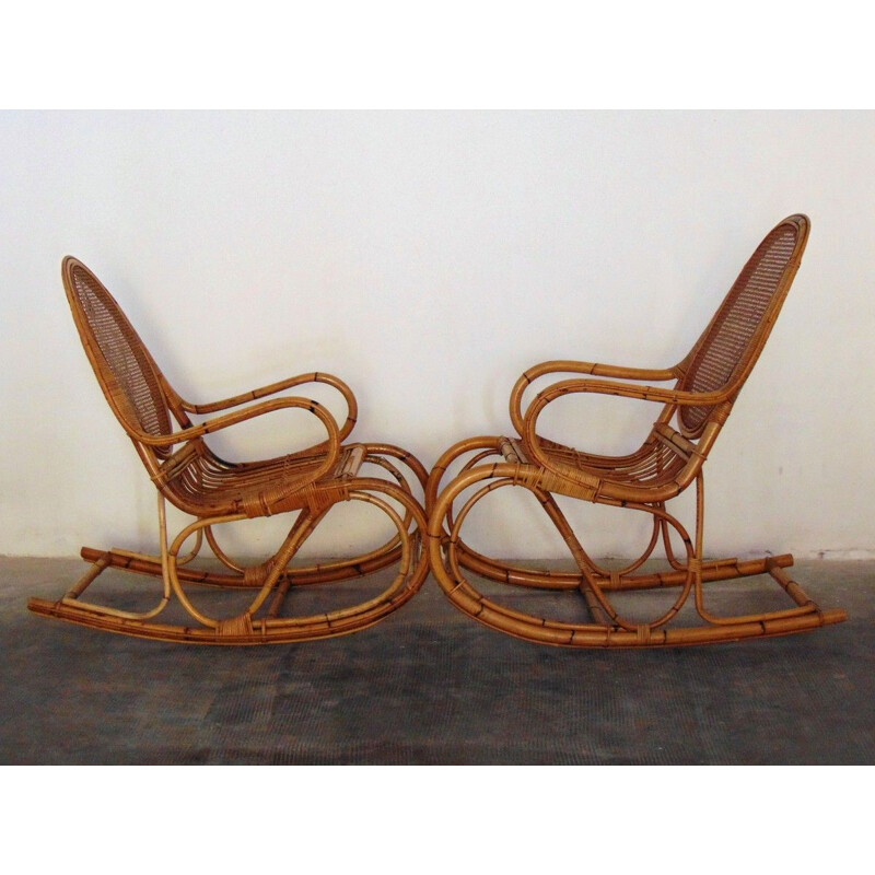 Pair of vintage rocking armchairs bamboo and pouf 1970s