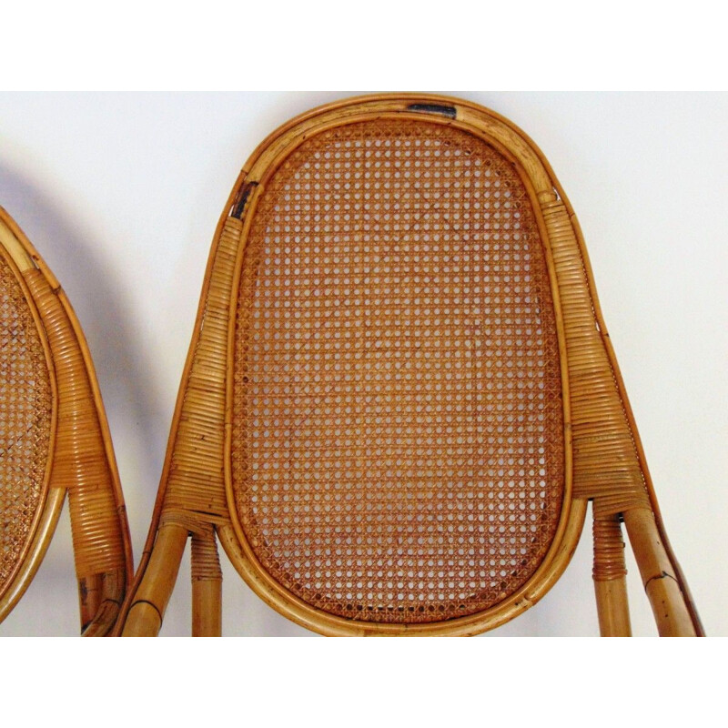 Paire de fauteuils à bascule vintage en bambou et pouf 1970