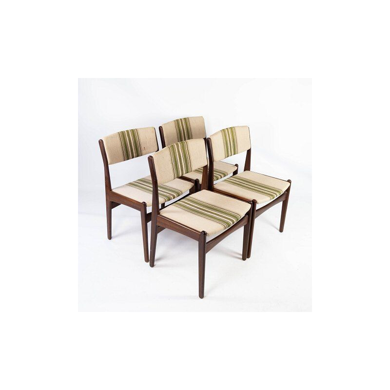 Set of 4 vintage teak chairs upholstered in striped fabric by Erik Buch 1960s