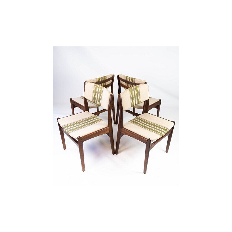 Set of 4 vintage teak chairs upholstered in striped fabric by Erik Buch 1960s