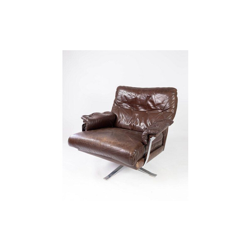 Vintage armchair brown leather upholstered with metal frame by Arne Norell 1970s