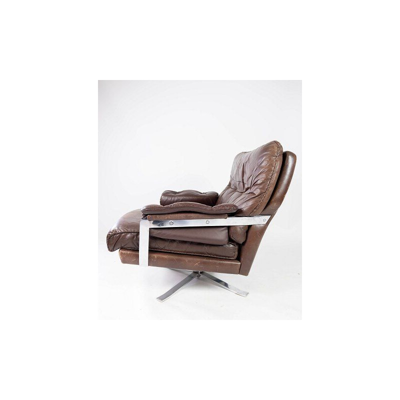 Vintage armchair brown leather upholstered with metal frame by Arne Norell 1970s