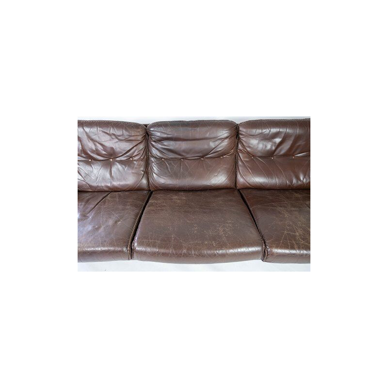 Vintage brown leather upholstered 3-seater sofa with metal frame by Arne Norell, 1970