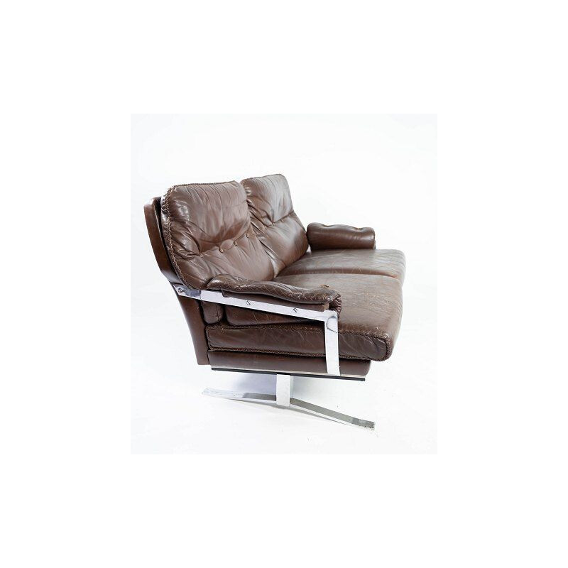 Vintage 2-Sitzer-Sofa gepolstert mit braunem patiniertem Leder und Metallrahmen von Arne Norell 1970