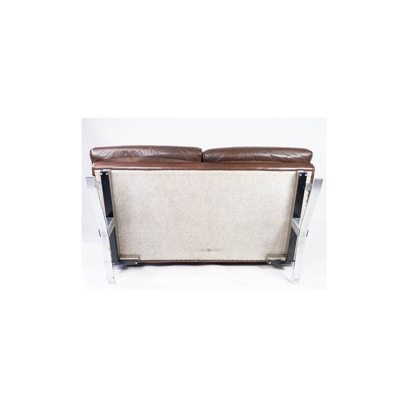 Vintage 2-Sitzer-Sofa gepolstert mit braunem patiniertem Leder und Metallrahmen von Arne Norell 1970