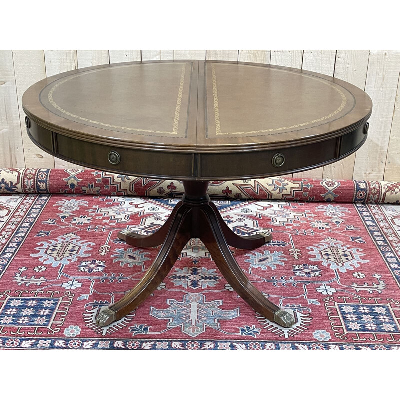 Vintage English table with mahogany leaves and leather top 1970s