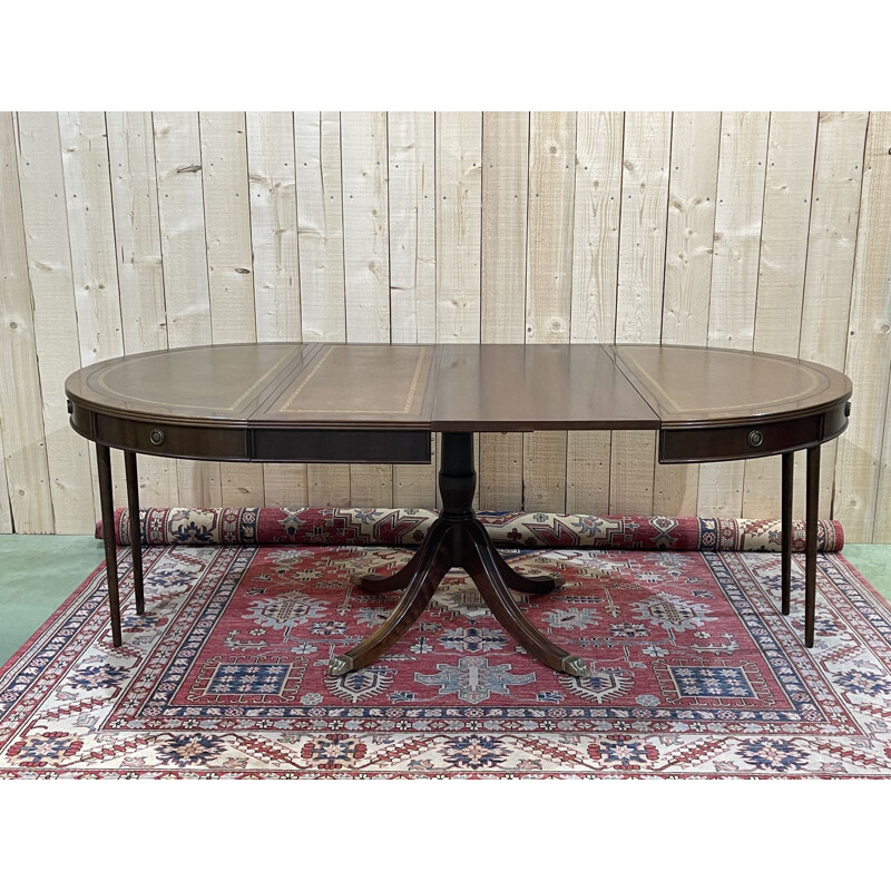 Table anglaise vintage à allonges en acajou et dessus cuir 1970