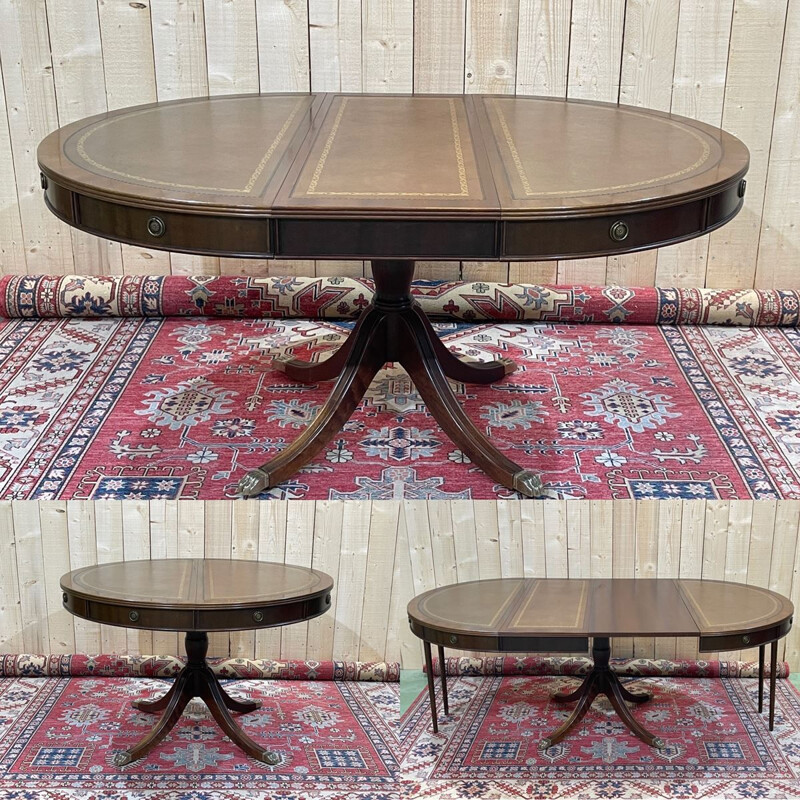 Vintage English table with mahogany leaves and leather top 1970s