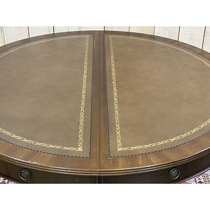 Vintage English table with mahogany leaves and leather top 1970s