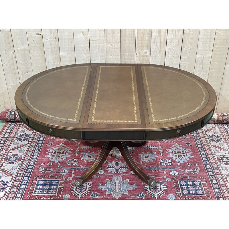 Vintage English table with mahogany leaves and leather top 1970s