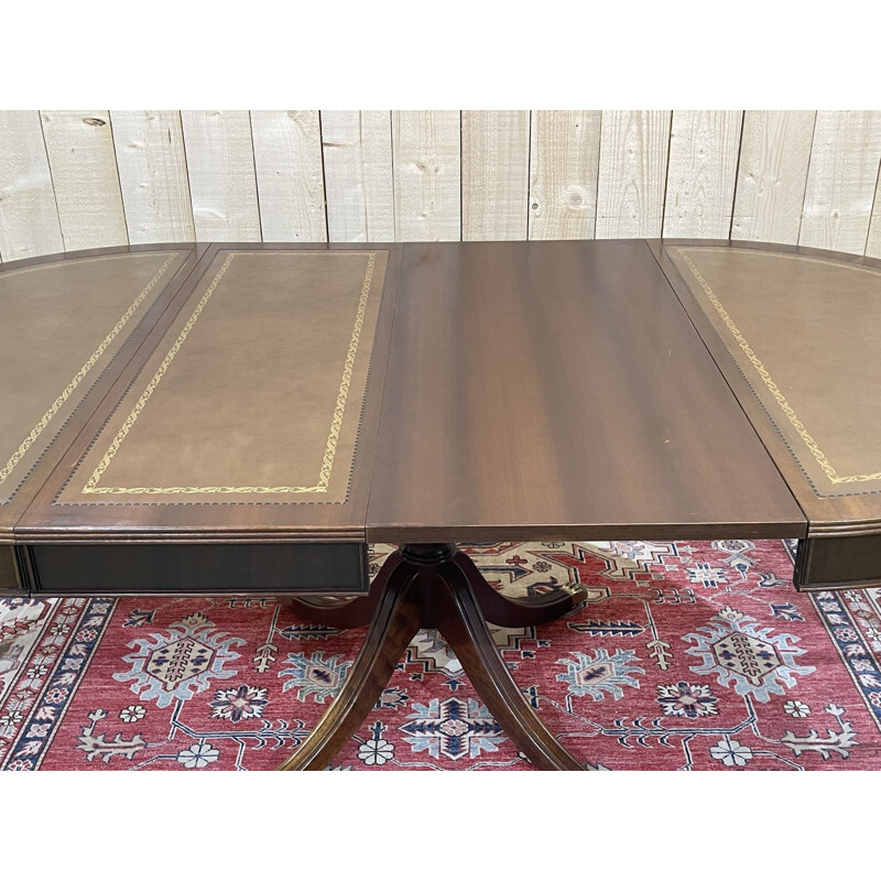 Vintage English table with mahogany leaves and leather top 1970s