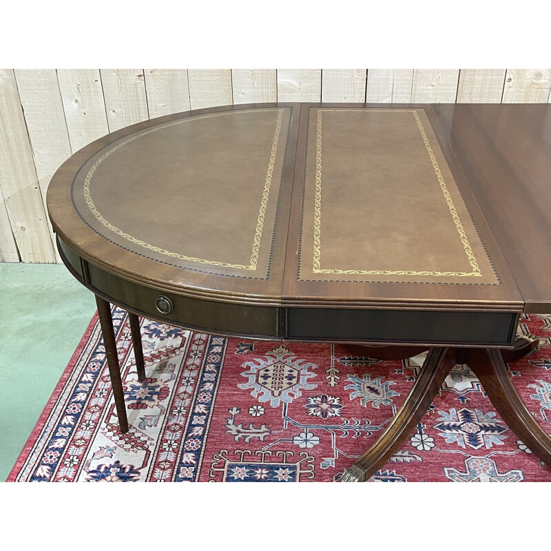 Table anglaise vintage à allonges en acajou et dessus cuir 1970