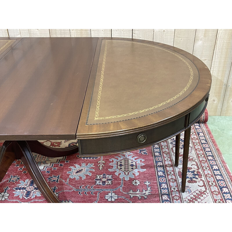 Vintage English table with mahogany leaves and leather top 1970s