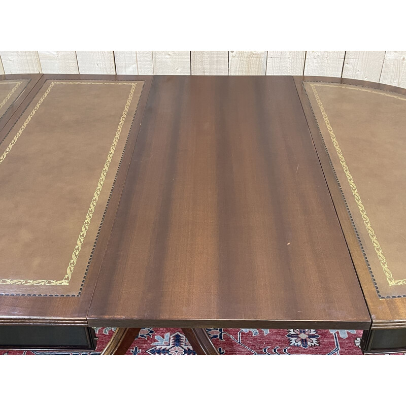 Vintage English table with mahogany leaves and leather top 1970s