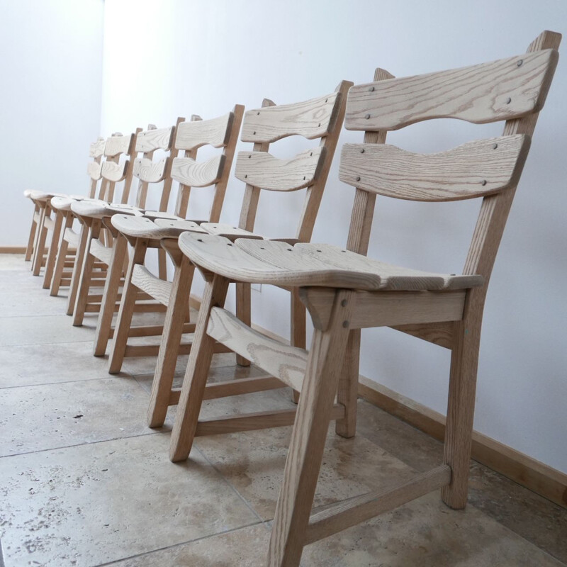Set of 6 vintage Brutalist oak chairs Belgium 1970s