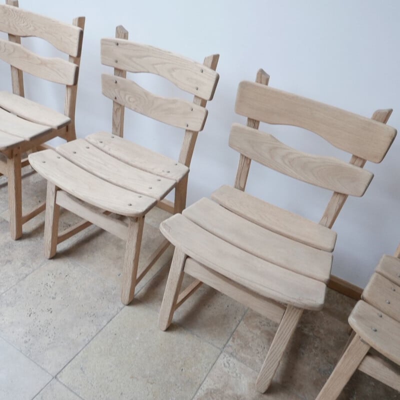 Set of 6 vintage Brutalist oak chairs Belgium 1970s