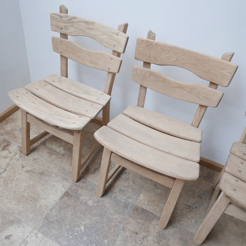 Set of 6 vintage Brutalist oak chairs Belgium 1970s