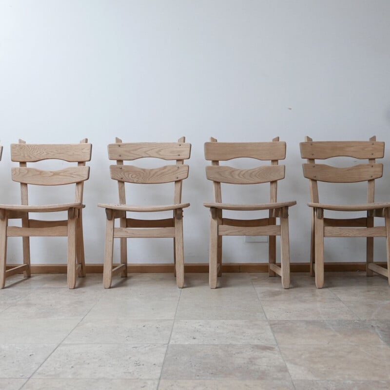 Set of 6 vintage Brutalist oak chairs Belgium 1970s