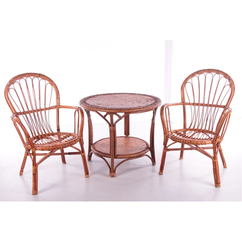 Set of 2 vintage bamboo chairs and table France 1960s