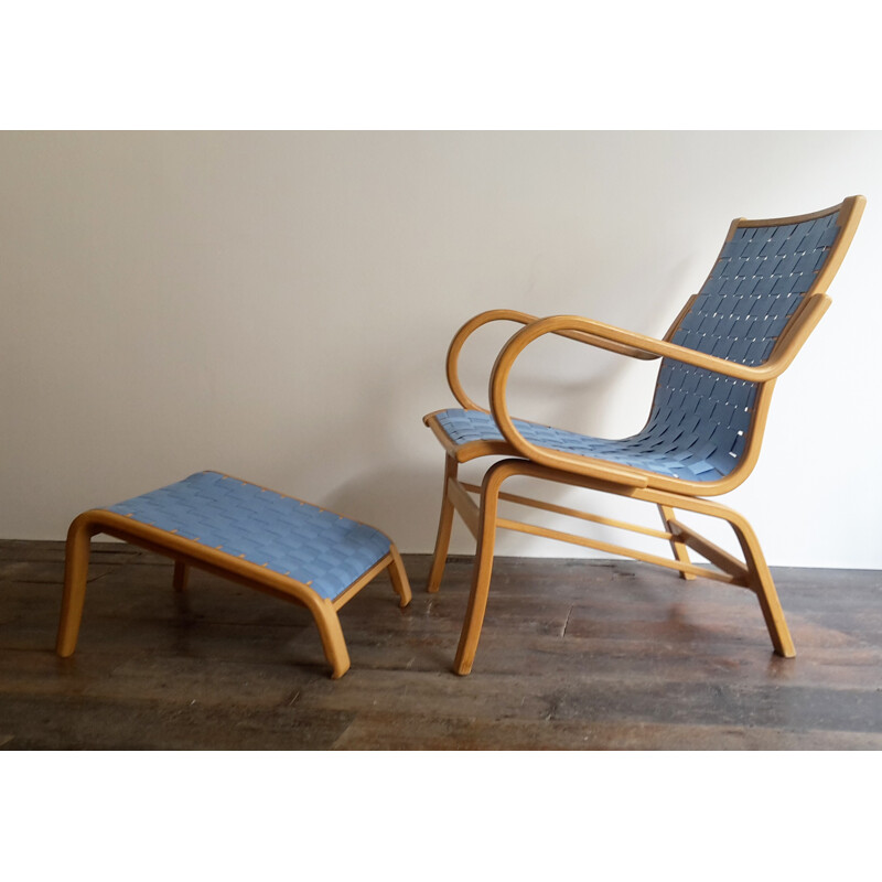 Lounge chair with Ottoman in birch and cotton, Bent OLSEN - 1970s