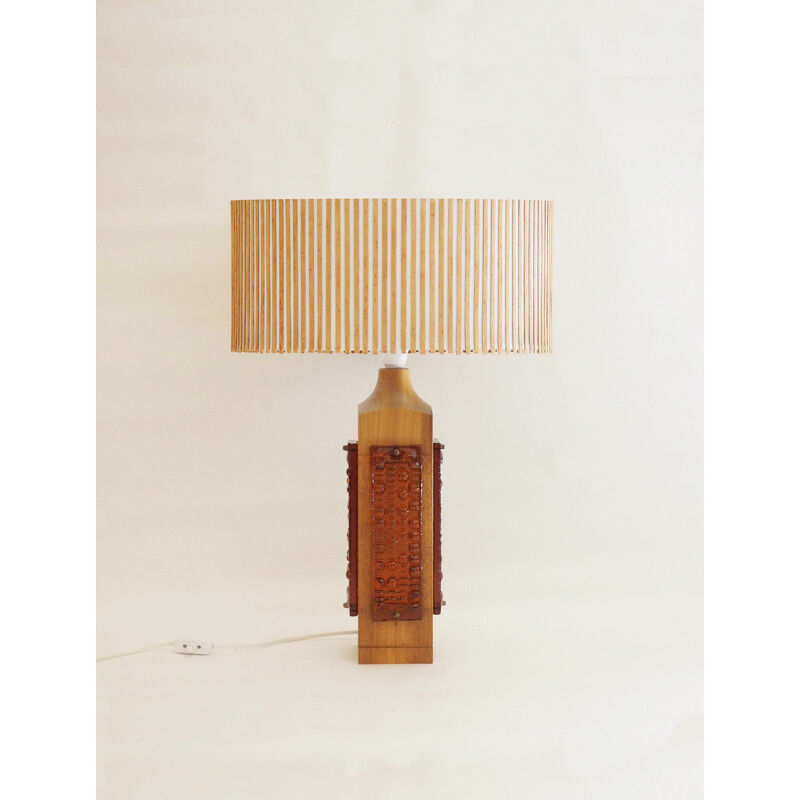 Vintage-Lampe aus Teakholz und verziert mit 4 Glasplatten, Schweden