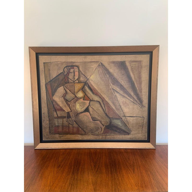 Huile sur toile cubiste vintage avec cadre bois par Elisabeth Ronget, 1920