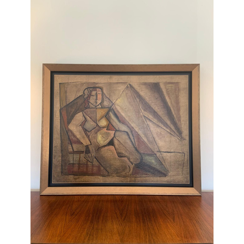 Óleo sobre lienzo cubista vintage con marco de madera de Elisabeth Ronget, 1920