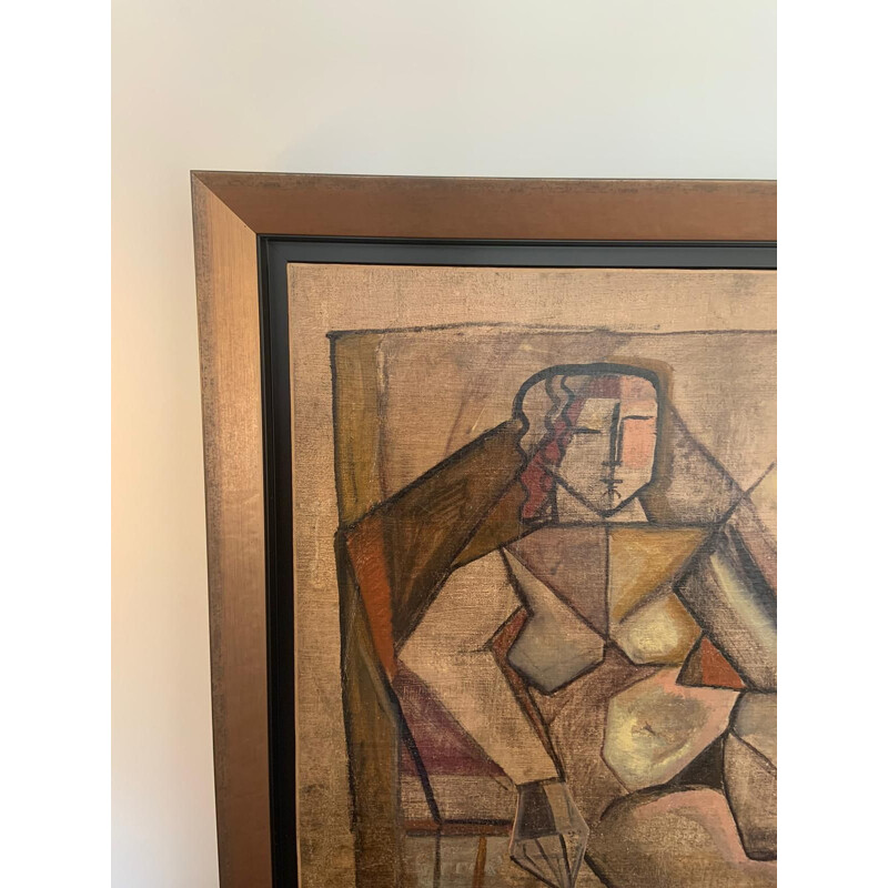 Huile sur toile cubiste vintage avec cadre bois par Elisabeth Ronget, 1920