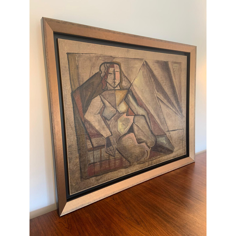 Huile sur toile cubiste vintage avec cadre bois par Elisabeth Ronget, 1920