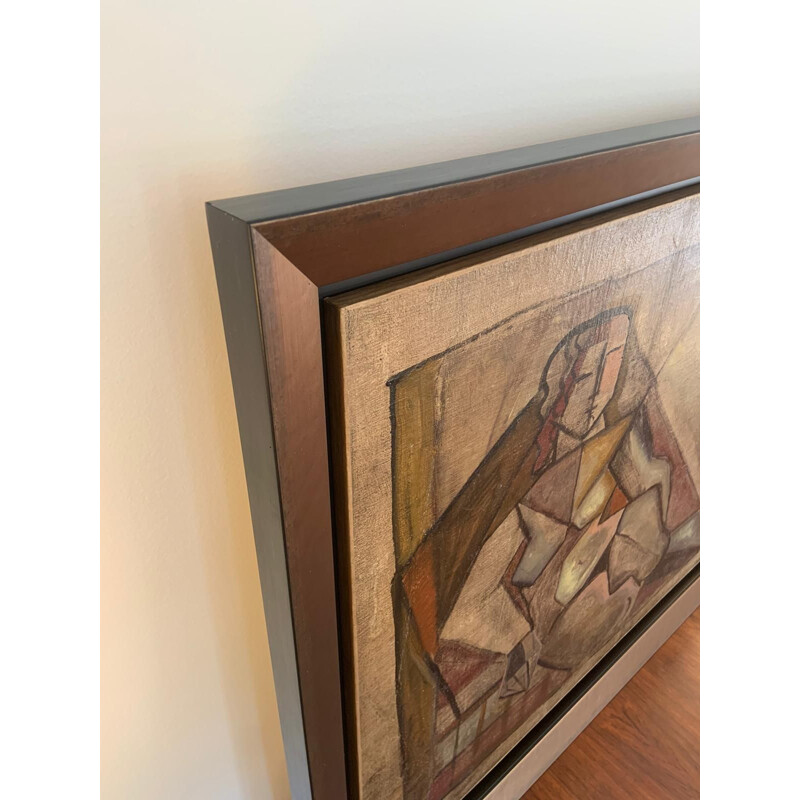 Oil on vintage cubist canvas with wood frame by Elisabeth Ronget, 1920