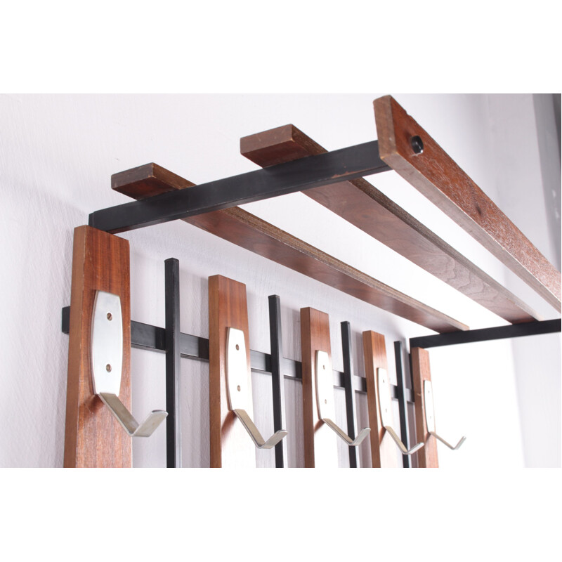 Vintage metal and wood wall coat rack with 5 hooks