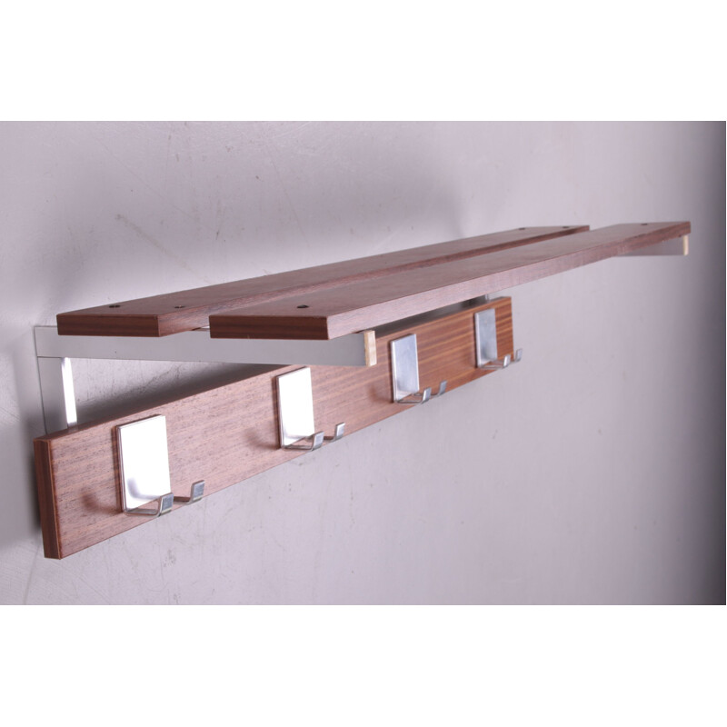 Vintage wall coat rack with chrome and 8 hooks 1960s