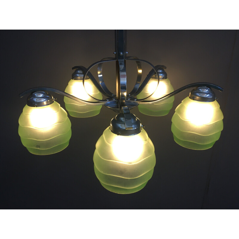 Vintage Art Deco hanging lamp with 5 green glass shades