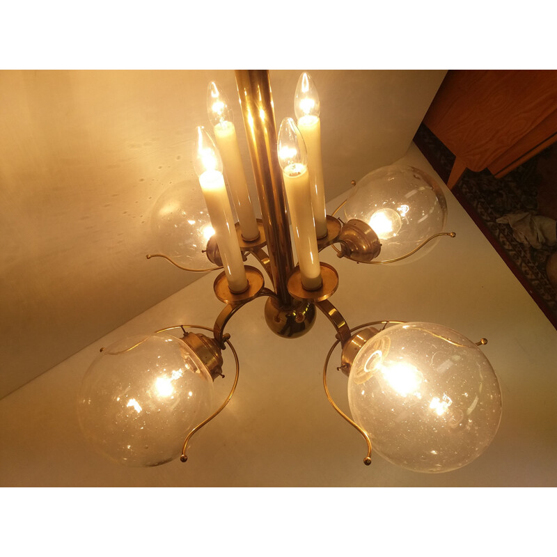 Vintage brass chandelier with 4 round transparent shades, Czechoslovakia 1940