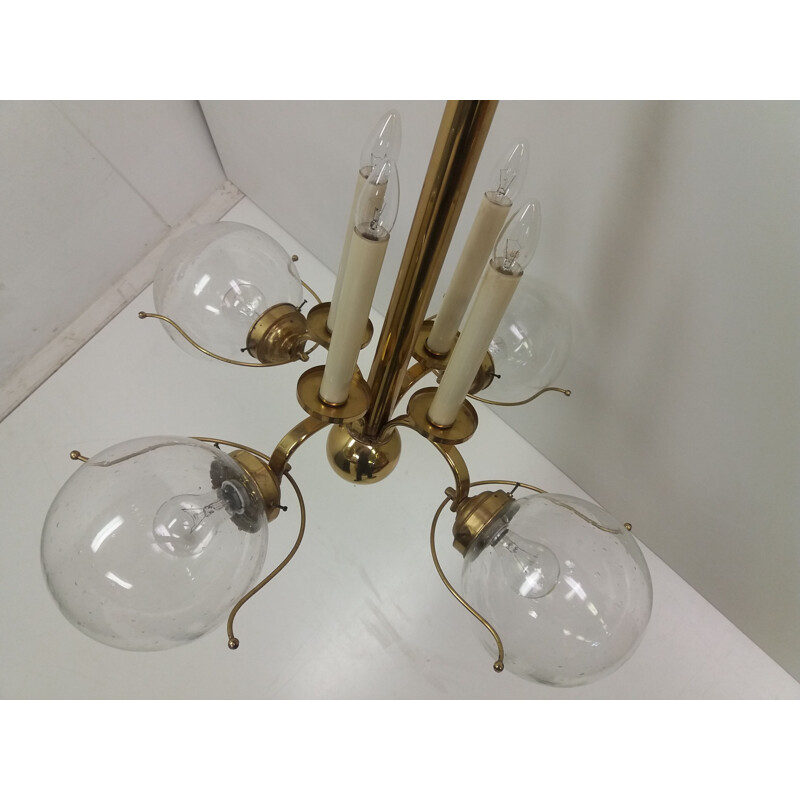 Vintage brass chandelier with 4 round transparent shades, Czechoslovakia 1940