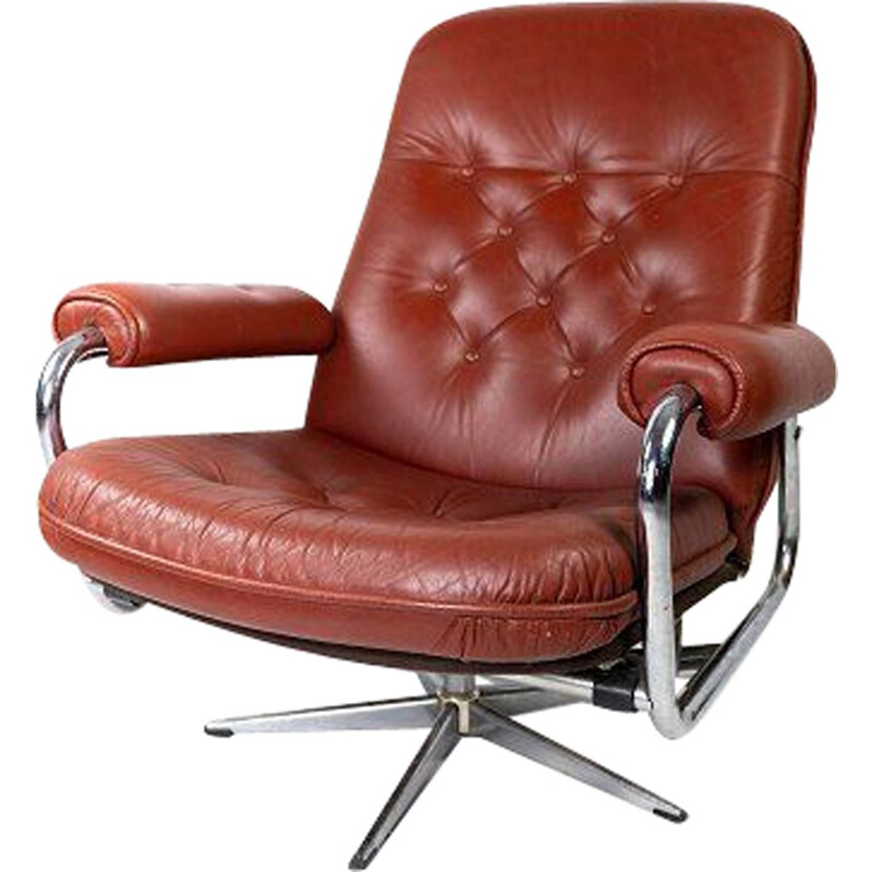 Vintage-Sessel gepolstert mit rotem Leder und Metallgestell, Dänemark 1960