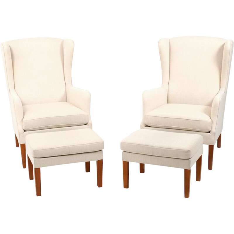 Pair of wingback lounge vintage chairs incl.Ottoman, Danish 1970s