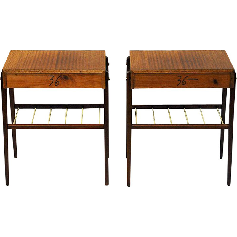 Pair of vintage teak and brass night and side tables, Sweden 1960s