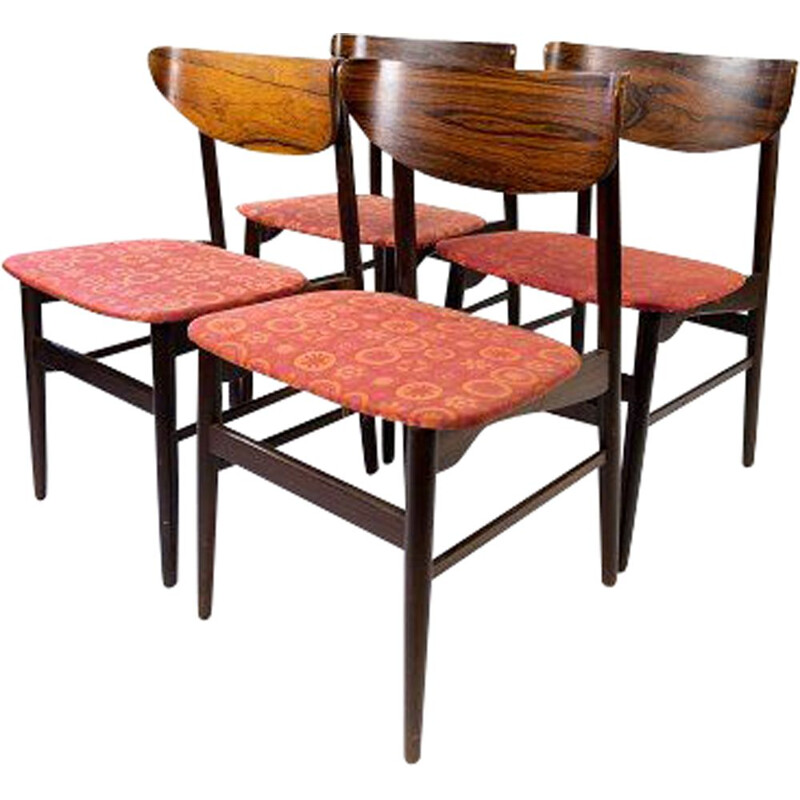 4 vintage dining room chairs in rosewood and upholstered with red fabric, Denmark 1960s