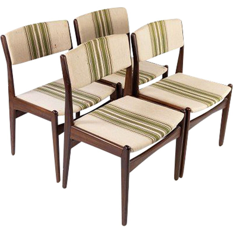 Set of 4 vintage teak chairs upholstered in striped fabric by Erik Buch 1960s