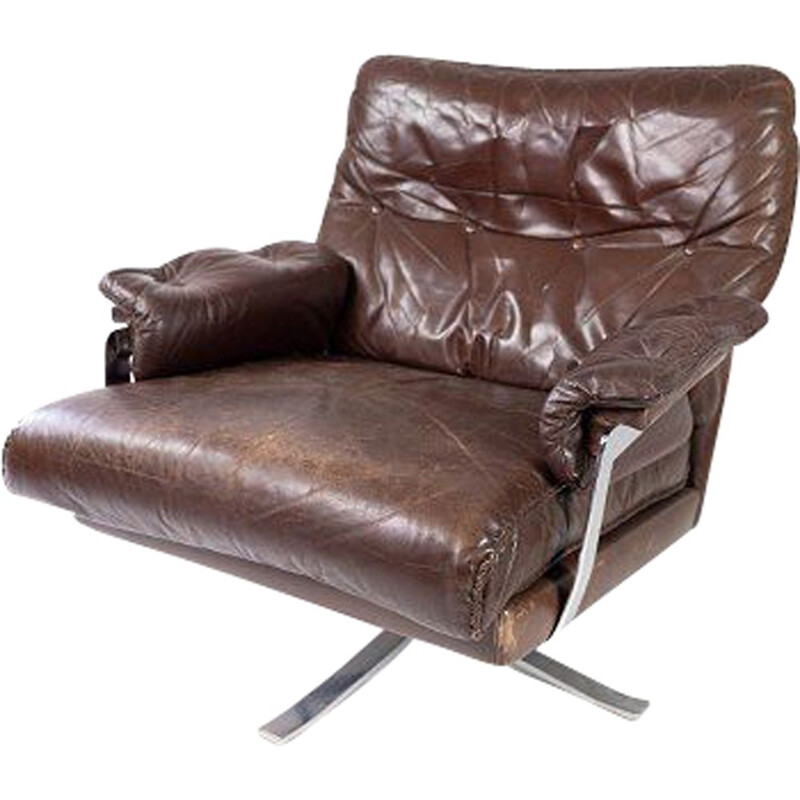 Vintage armchair brown leather upholstered with metal frame by Arne Norell 1970s