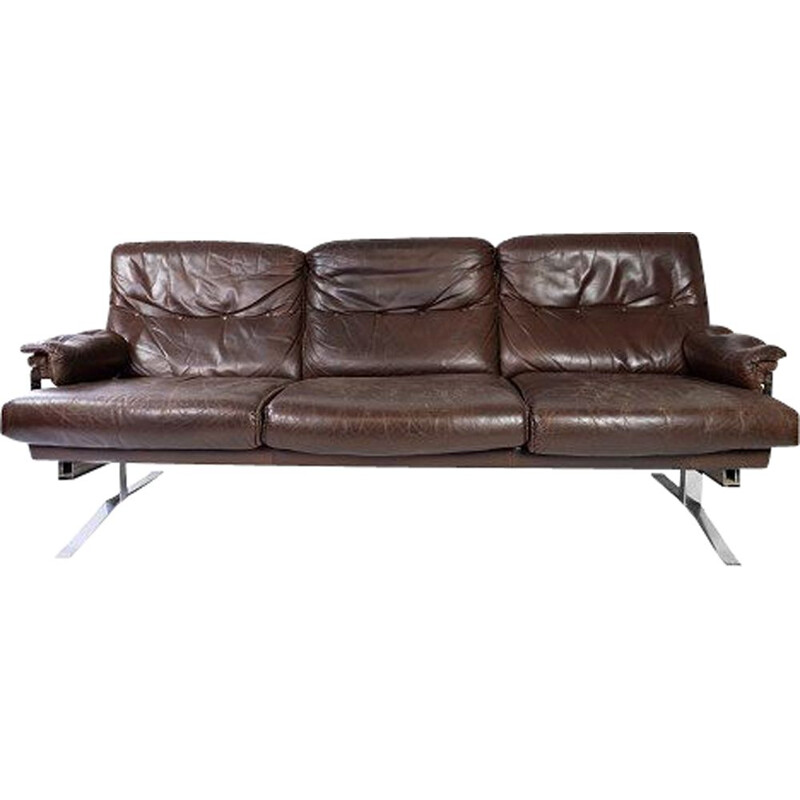 Vintage brown leather upholstered 3-seater sofa with metal frame by Arne Norell, 1970