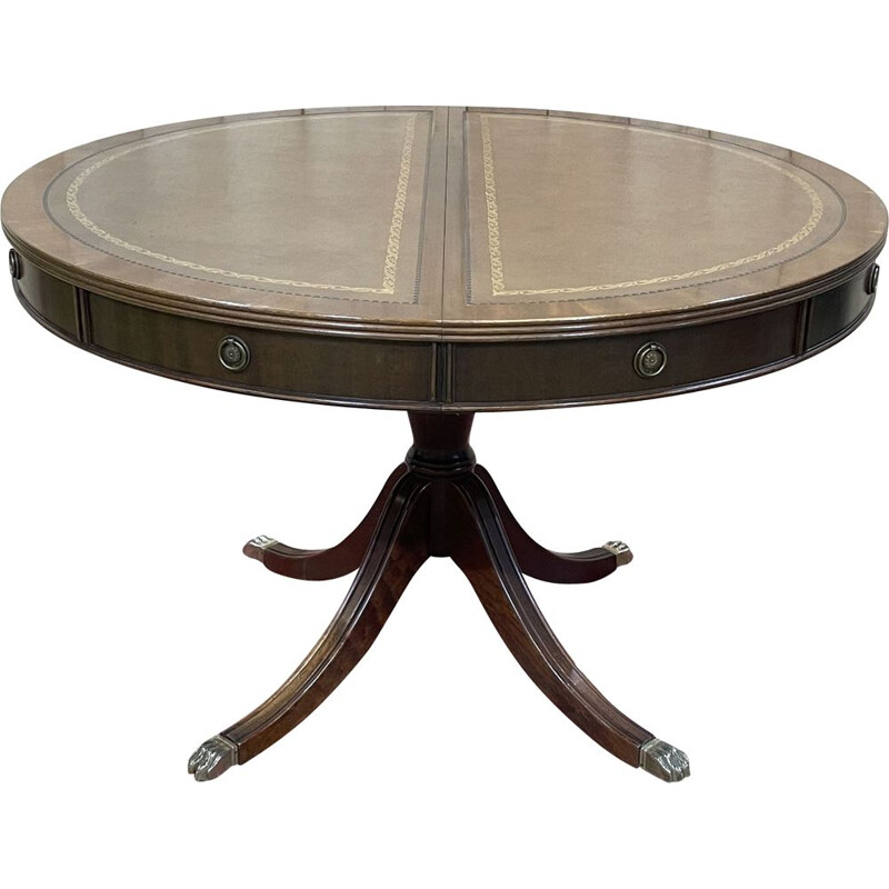 Table anglaise vintage à allonges en acajou et dessus cuir 1970