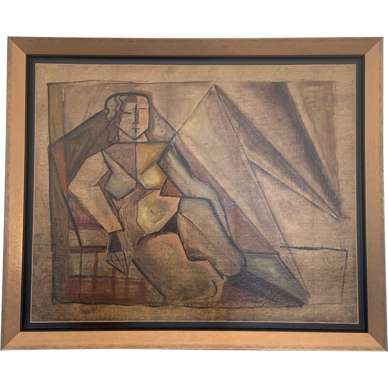 Óleo sobre tela cubista de vintage com moldura de madeira por Elisabeth Ronget, 1920