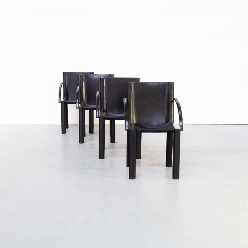 Set of 4 vintage black leather dining chair by Carlo Bartoli for Matteo Grassi 1970