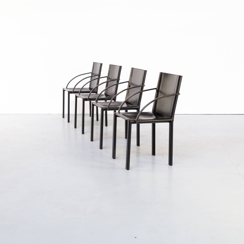 4 sillas de comedor vintage de cuero negro de Carlo Bartoli para Matteo Grassi 1970