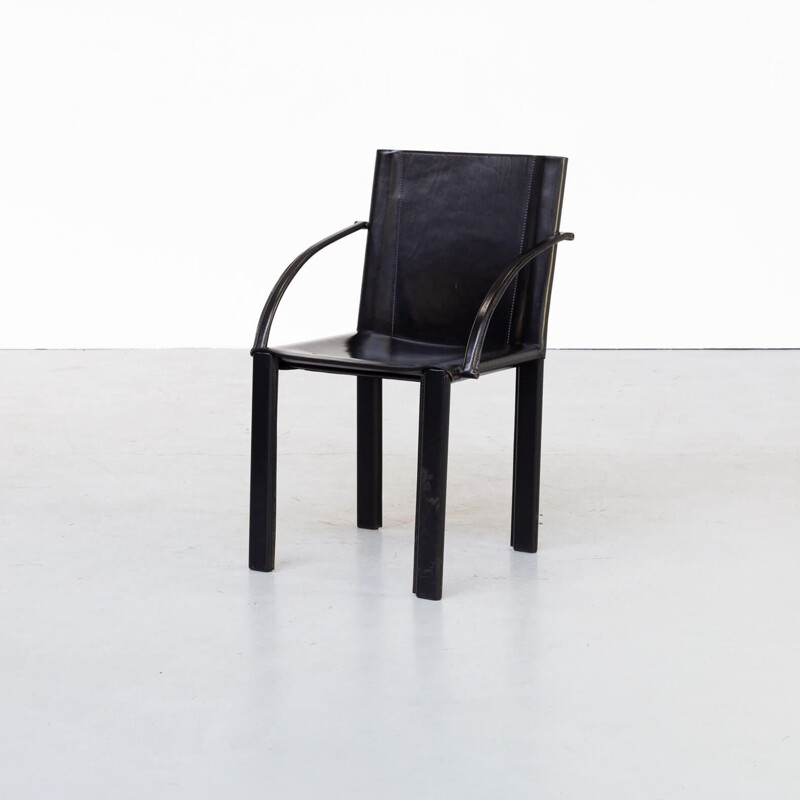 4 chaises de salle à manger en cuir noir vintage par Carlo Bartoli pour Matteo Grassi 1970