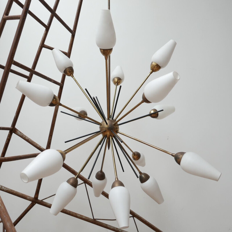 Mid century Italian Sputnik opaline glass and brass chandelier