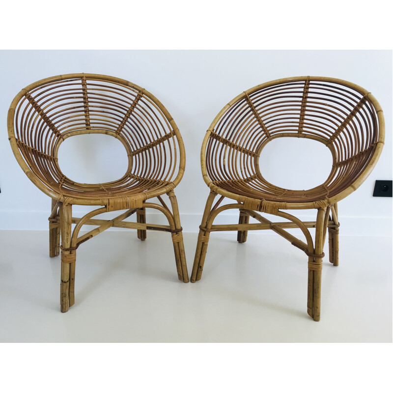 Pair of vintage rattan armchairs, France 1960